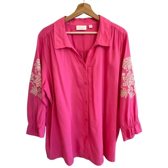 Belle Kim Gravel Womens Linen Top Size 2X Pink Embroidered Relaxed Cottage Boho - Picture 1 of 7